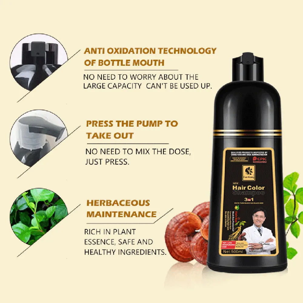 3 In 1 Instant Coloring Shampoo Natural Black Color for Men Women